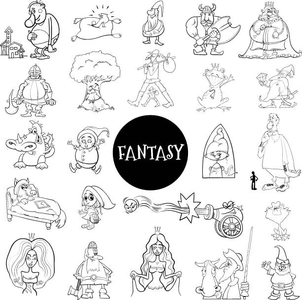 cartoon fantasy characters large set color book page Black and White Cartoon Illustration of Fantasy or Fairy Tale Characters Large Set Coloring Book Page cartoon of a frog black and white stock illustrations