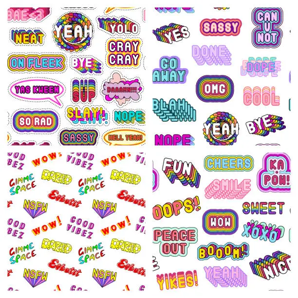 Vector illustration of Set of 4 seamless patterns with comic-style word bubbles, patches. White background. Quirky cartoon vector wallpapers.