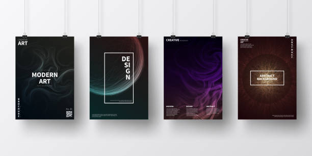 Posters with dark futuristic designs, isolated on white background Four realistic posters in vertical position with modern and trendy backgrounds, isolated on white wall. Abstract geometric illustrations. Dark futuristic designs with beautiful color gradients (colors used: Red, Purple, Pink, Orange, Green, Gray, Brown, Blue, Black, Beige, Turquoise, Yellow). Template for your own design, with space for your text. The layers are named to facilitate your customization. Vector Illustration (EPS10, well layered and grouped), wide format (2:1). Easy to edit, manipulate, resize and colorize. neon turquoise stock illustrations