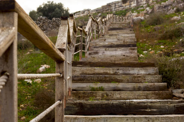 View of old stairs and wooden handrail