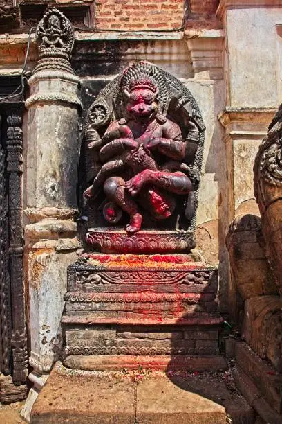 Colorful statue of a Hindu god in Bhaktapur, Nepal