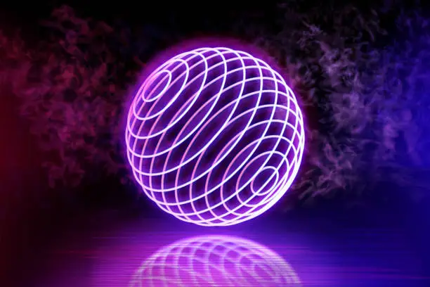 Vector illustration of Neon color geometric circle sphere on a dark background. Sphere structure, luminous line, neon sign. Reflection of blue and pink neon light on the floor. Rays of light in the dark, smoke. Vector.
