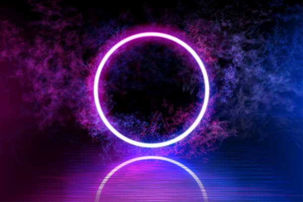 Neon color geometric circle on a dark background. Round mystical portal, luminous line, neon sign. Reflection of blue and pink neon light on the floor. Rays of light in the dark, smoke. Vector. Neon color geometric circle on a dark background. Round mystical portal, luminous line, neon sign. Reflection of blue and pink neon light on the floor. Rays of light in the dark, smoke. Vector. EPS 10 dance logo stock illustrations