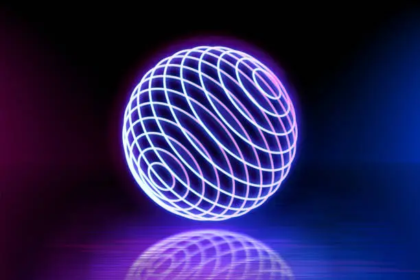 Vector illustration of Neon color geometric circle sphere on a dark background. Sphere structure, luminous line, neon sign. Reflection of blue and pink neon light on the floor. Rays of light in the dark, smoke. Vector.