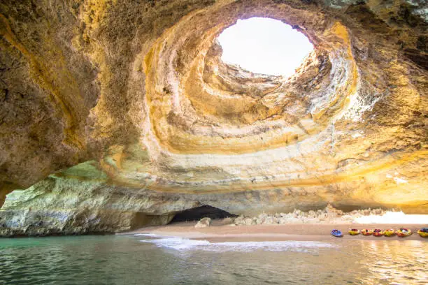 Inside view of the Benagil Sea Cave on Praia de Benagil, Benagil Beach Algarve Portugal
