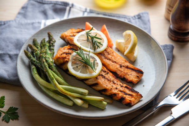 istock grilled salmon fillet on plate with asparagus 1204489681