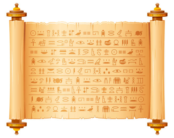 Ancient egyptian papyrus with hieroglyphs. Historical vector pattern from Ancient Egypt. 3d old scroll with script, pharaohs and gods symbols. Ornamen art design, text letter papyrus illustration Ancient egyptian papyrus with hieroglyphs. Historical vector pattern from Ancient Egypt. 3d old scroll with script, pharaohs and gods symbols. Ornamen art design, text letter papyrus illustration hieroglyphics stock illustrations