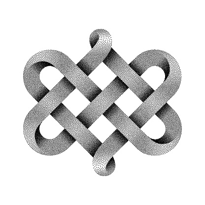 Celtic knot made of interweaved moebius stippled tape as two twisted hearts symbol. Vector illustration isolated on white background.