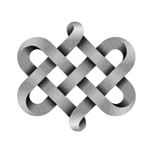 Celtic knot made of interweaved moebius stippled tape as two twisted hearts symbol. Vector illustration. Celtic knot made of interweaved moebius stippled tape as two twisted hearts symbol. Vector illustration isolated on white background. celtic knot symbol of eternal love stock illustrations