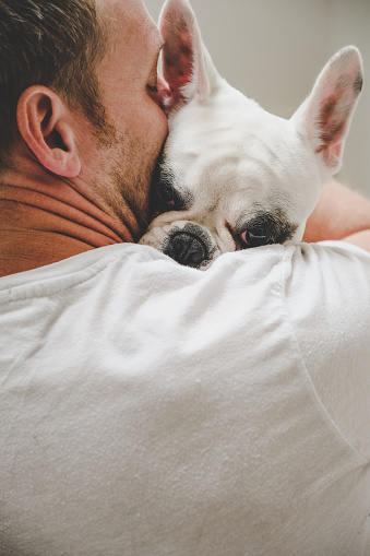 Man cuddles with his Frenchie dog