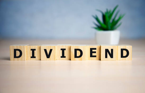 istock Text DIVIDEND on cube dice with blue background , finance concept. 1204505879