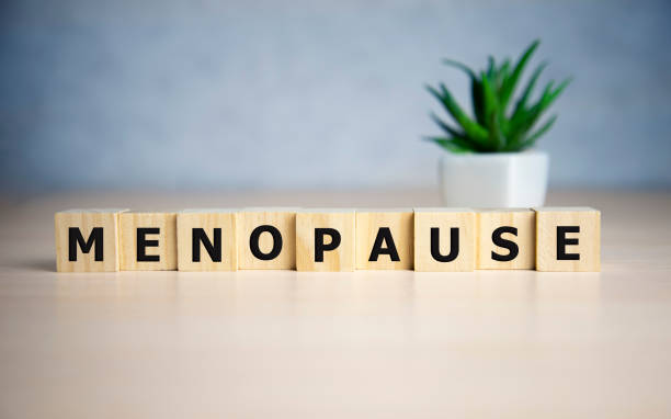istock menopause word written on wood block. menopause text on table, concept. 1204505901