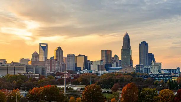 Charlotte, NC just before sunset in the fall.