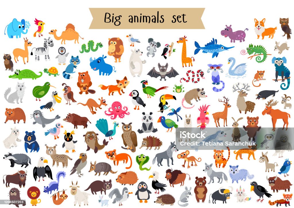 Vector Flat Style Big Set Of Animals Isolated Stock Illustration - Download  Image Now - Animal, Rainforest, Cartoon - iStock