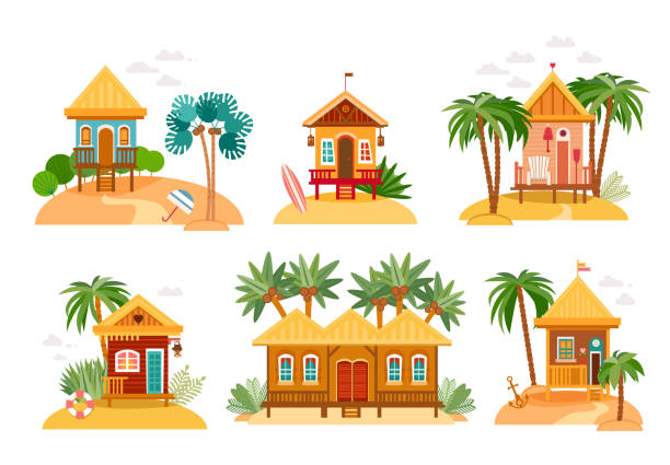 Beach houses collection of straw huts, bungalow Beach houses collection. Cartoon set of straw huts, bungalow for tropical hotels on island in flat design beach hut stock illustrations