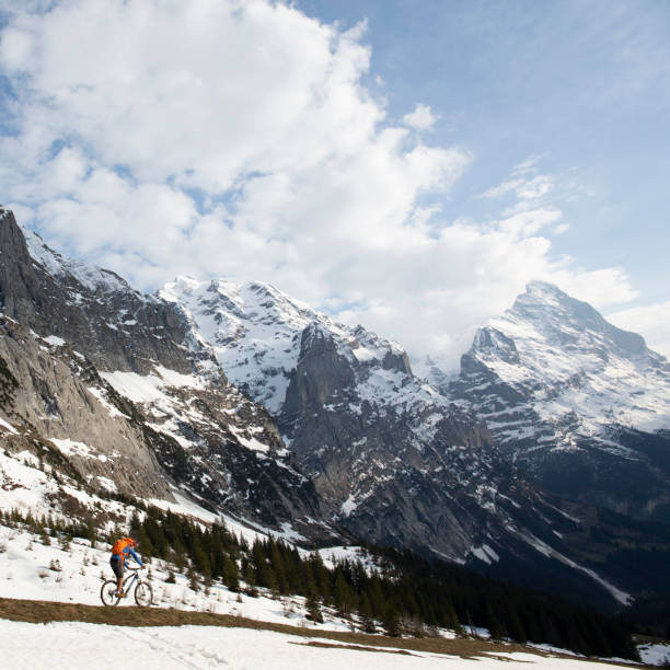istock Mountain biker descends steep mountainside 1204510753
