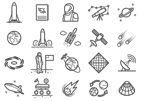 There is a set of icons about space exploraion and related stuffs in the style of Clip art.