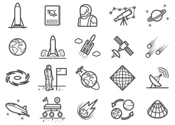 Space Exploration Line Icons Set There is a set of icons about space exploraion and related stuffs in the style of Clip art. space exploration stock illustrations