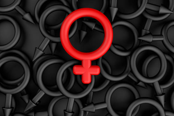 3d rendering of International Women's Day concept with women and men gender symbols. Red women symbol sign and black men symbol sings on black background. March 8th. copy space. banner.