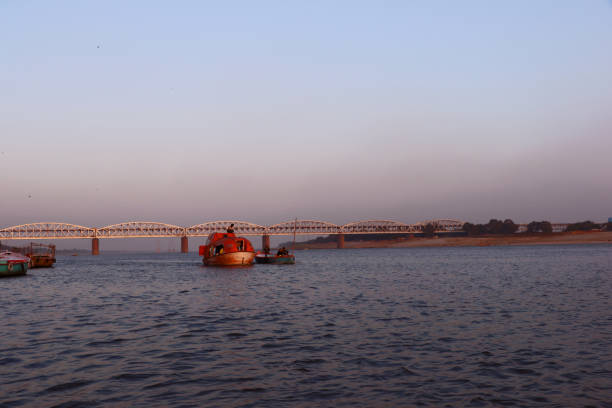 Varanasi, India - January 31, 2020: Corpse vessel in Ganga river in Varanasi near Manikarnika ghat. PM Modi started this facility to the people.