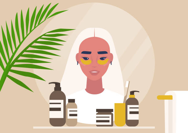 ilustrações, clipart, desenhos animados e ícones de rotina diária da pele, reflexo espelho de uma jovem personagem asiática que aplica manchas de hidrogel, tratamento facial casual - human face washing cleaning body care