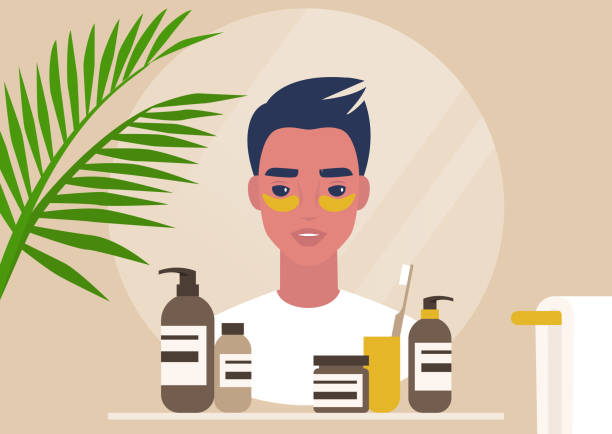 ilustrações, clipart, desenhos animados e ícones de rotina diária da pele, reflexo espelho de um jovem personagem masculino que aplica manchas de hidrogel, tratamento facial casual - human face washing cleaning body care