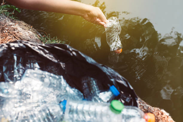 istock Woman volunteer picking up a bottle plastic trash in river,Environment and pollution campaign concept 1204523378