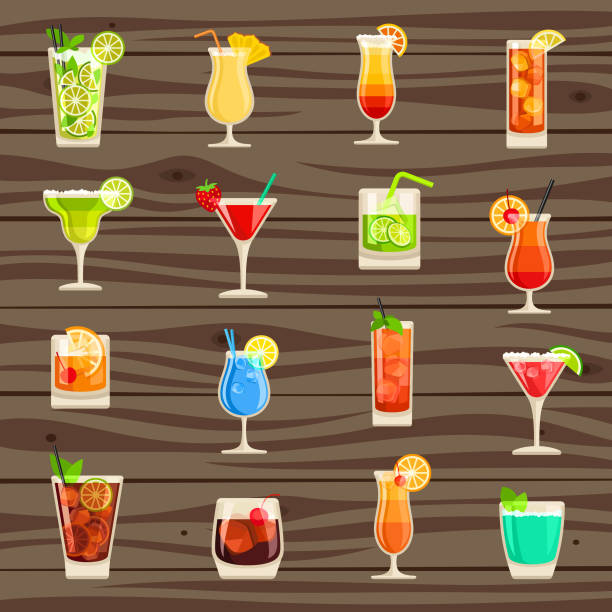 ilustrações de stock, clip art, desenhos animados e ícones de cocktails vector illustration set - margarita cocktail beach fruit