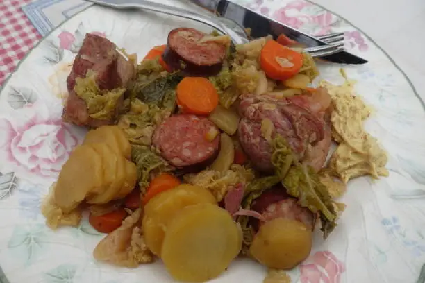 "Potée auvergnate" Hotpot meal served  Ingredients Morteau sausage Pork shank and vegetables