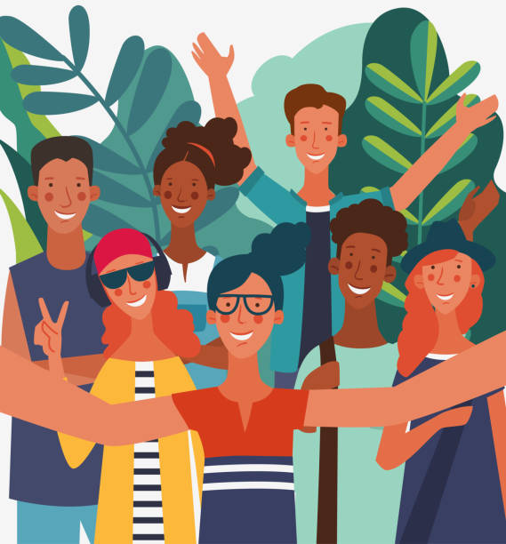 illustrations, cliparts, dessins animés et icônes de groupe de jeunes prenant un selfie et riant. amitié, communication, travail d’équipe et concept vectoriel de connexion - black forest audio
