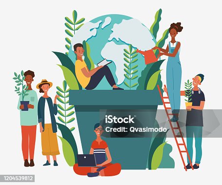 istock Young people protecting the Earth. Happy Earth day illustration. Eco friendly ecology concept. Nature conservation vector poster 1204539812