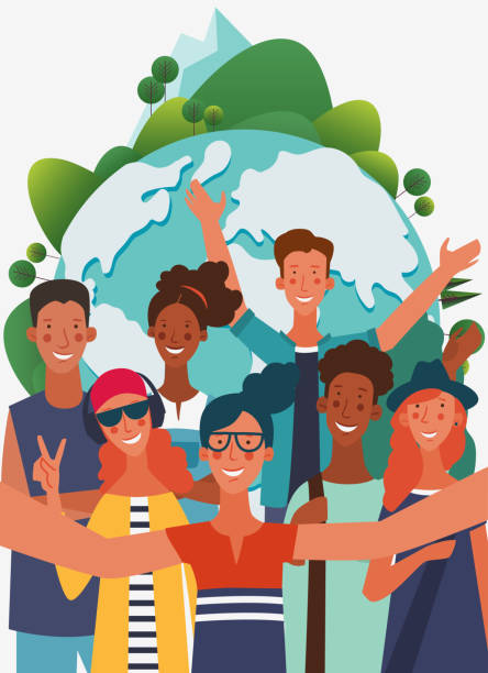 illustrazioni stock, clip art, cartoni animati e icone di tendenza di gruppo di giovani che si fanno un selfie e ridono. amicizia, comunicazione, lavoro di squadra e illustrazione di connessione. sfondo mappa del mondo. concetto ecologico ecologico. poster vettoriale per la conservazione della natura - teenager globe women world map