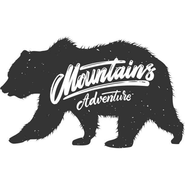 Mountains adventure. Silhouette of grizzly bear on grunge background. Design element for poster, card, banner, sign. Vector illustration Mountains adventure. Silhouette of grizzly bear on grunge background. Design element for poster, card, banner, sign. Vector illustration cursive letters tattoos silhouette stock illustrations