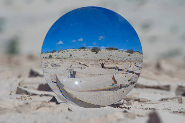 a glass ball shows dry, torn landscape in climate change, soil erosion, global warming