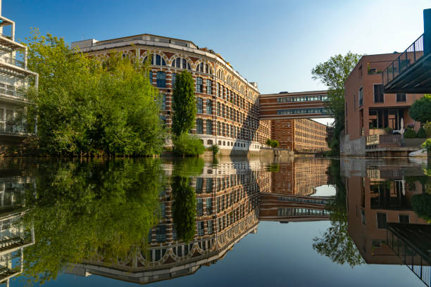 Explore Leipzig by boat - boating and living between the Karl Heine Canal and Leipzig Harbor stock photo