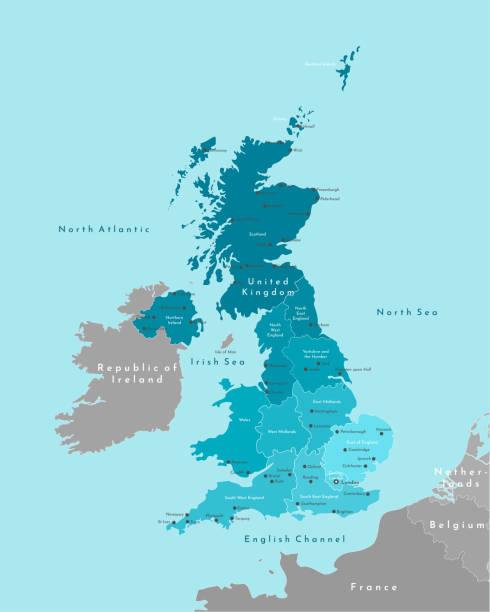 illustrazioni stock, clip art, cartoni animati e icone di tendenza di illustrazione moderna vettoriale. mappa geografica semplificata del regno unito di gran bretagna e irlanda del nord (regno unito). sfondo blu del mare del nord, nord atlantico. nomi di città, regioni - scotish culture