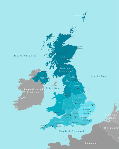 벡터 현대 그림입니다. 영국 과 북아일랜드 (영국)의 단순화 된 지리적지도. 북해, 북대서양의 파란색 배경입니다. 도시, 지역의 이름 - uk europe england midlands stock illustrations
