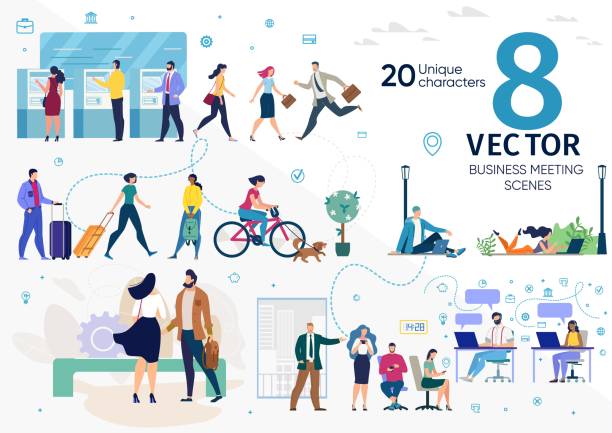 City People Life and Work Flat Vector Concepts Set City Citizens, Company Employees, Freelancers or Students Life Scenes, Work Situations, Distance Work, Social Networks Addiction, Office Work, City Travel Concepts Trendy Flat Vector Illustrations Set banking illustrations stock illustrations