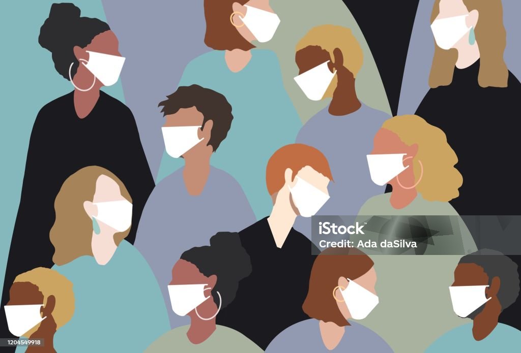 Wearing a medical face mask for winter viruses winter, virus, coronavirus, medical mask, face mask, china virus, group, people, women, man, sick, heat, people, hot COVID-19 stock illustration