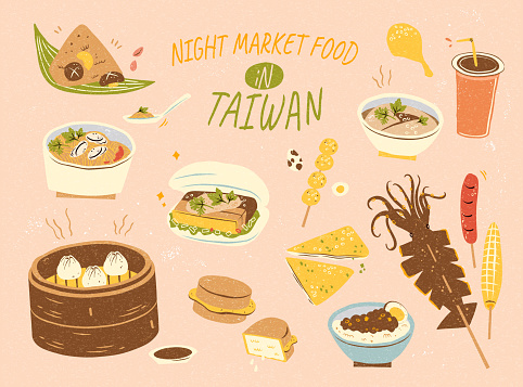 Delicious Taiwan night market food collection in hand drawn style
