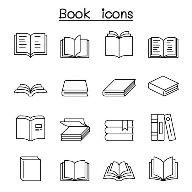 ilustraciones, imágenes clip art, dibujos animados e iconos de stock de icono de libro establecido en estilo de línea delgada - book