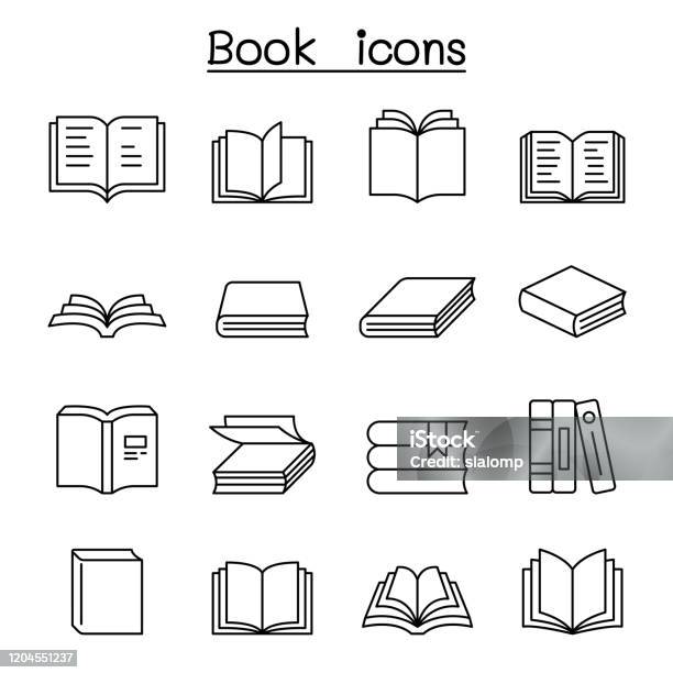 얇은 선 스타일로 설정 된 책 아이콘 책에 대한 스톡 벡터 아트 및 기타 이미지 - 책, 아이콘, 열다
