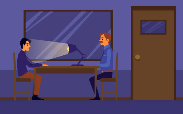 Interrogation in police station, flat vector illustration in investigation room. Interrogation of guilty or suspected man in police station, flat cartoon vector illustration in investigation room interior. Policeman, detective or officer job. police interview stock illustrations