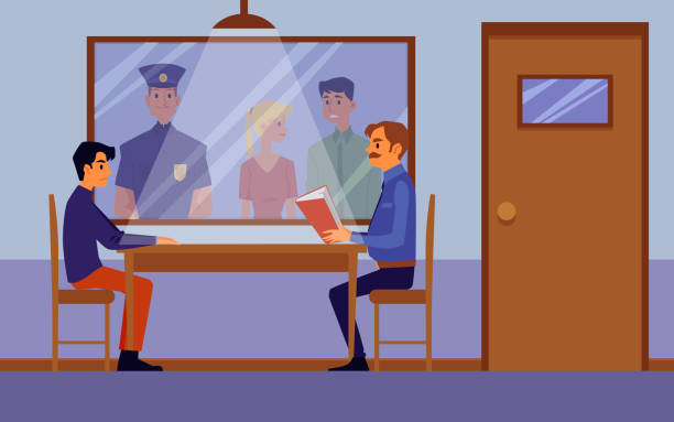 Police interrogation room interior with cartoon policeman questioning suspect Police interrogation room interior with cartoon policeman questioning criminal suspect behind table and people looking from one way mirror window. Flat vector illustration police interview stock illustrations