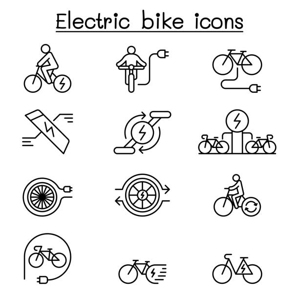 illustrazioni stock, clip art, cartoni animati e icone di tendenza di icona della bici elettrica impostata in stile linea sottile - bicicletta elettrica