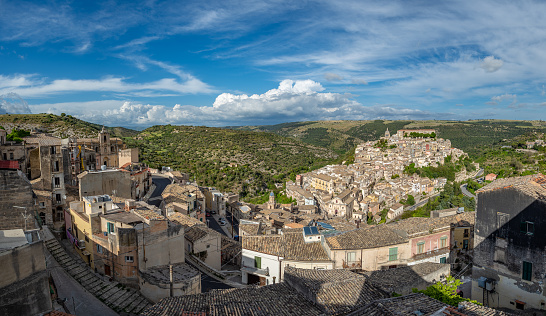 Aerial view of modica overlooking cathedral of saint george, Sicily, Italy