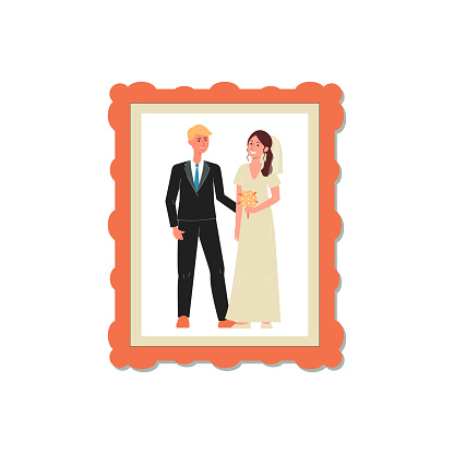 Wedding snapshot of young loving couple in photo frame, flat vector illustration isolated on white background. Family portrait at beginning of relationships.