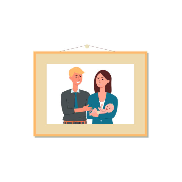Young couple photography in picture frame, flat vector illustration isolated. Young couple photography hanging on wall in picture frame, flat vector illustration isolated on white background. Man and woman cartoon character on family portrait. family photo on wall stock illustrations