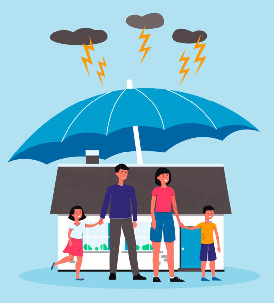 가족 보험, 부동산, 주택 및 재산 보호. - insurance agent service child family stock illustrations
