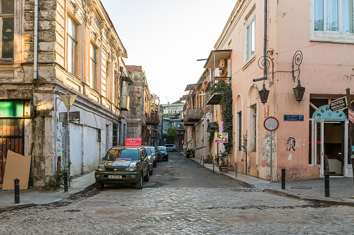 Tbilisi, Georgia, October 14, 2019 : Old buildings on the corner of Vakhtang Beridze St and Kote Afkhazi St in the old part of the Tbilisi city in Georgia